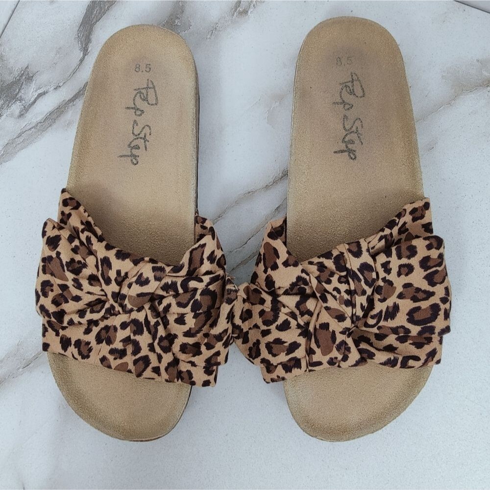Pep Step Leopard Print Bow Knot Cork Slide Sandals, Sz 8.5 - Picture 3 of 11
